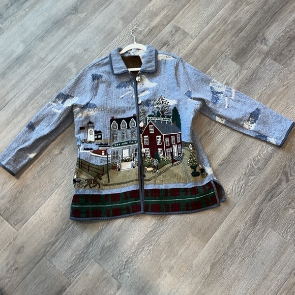 Vintage tapestry seaside lighthouse quaint beach nautical jacket blazer size 2XL - Picture 11 of 16